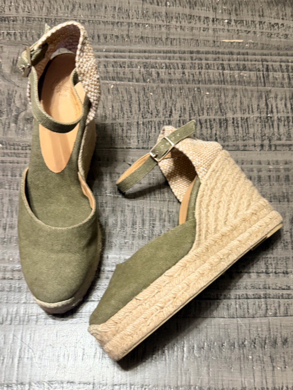 Castaner Olive Green Canvas Chiarita Espadrille Wedge Sandals with Ankle Strap